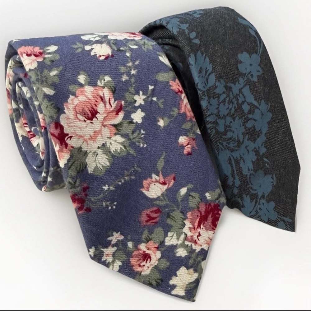 Original Penguin Lot of 2 Ties Floral Cotton Blue Gray Geometric Preppy Necktie